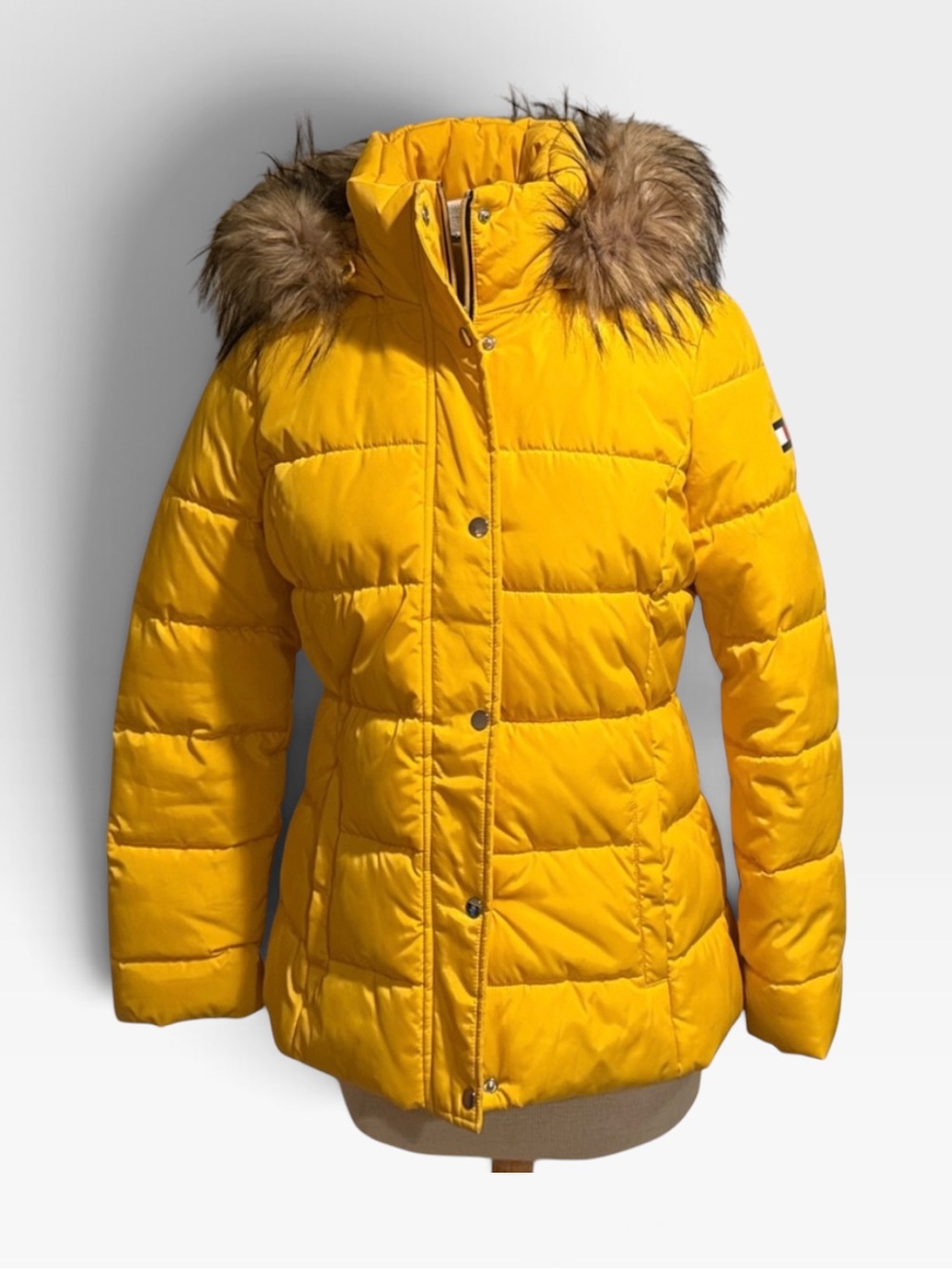Tommy Hilfiger Yellow Midi Puffer Winter Jacket Faux Fur Hood - Picture 2 of 9